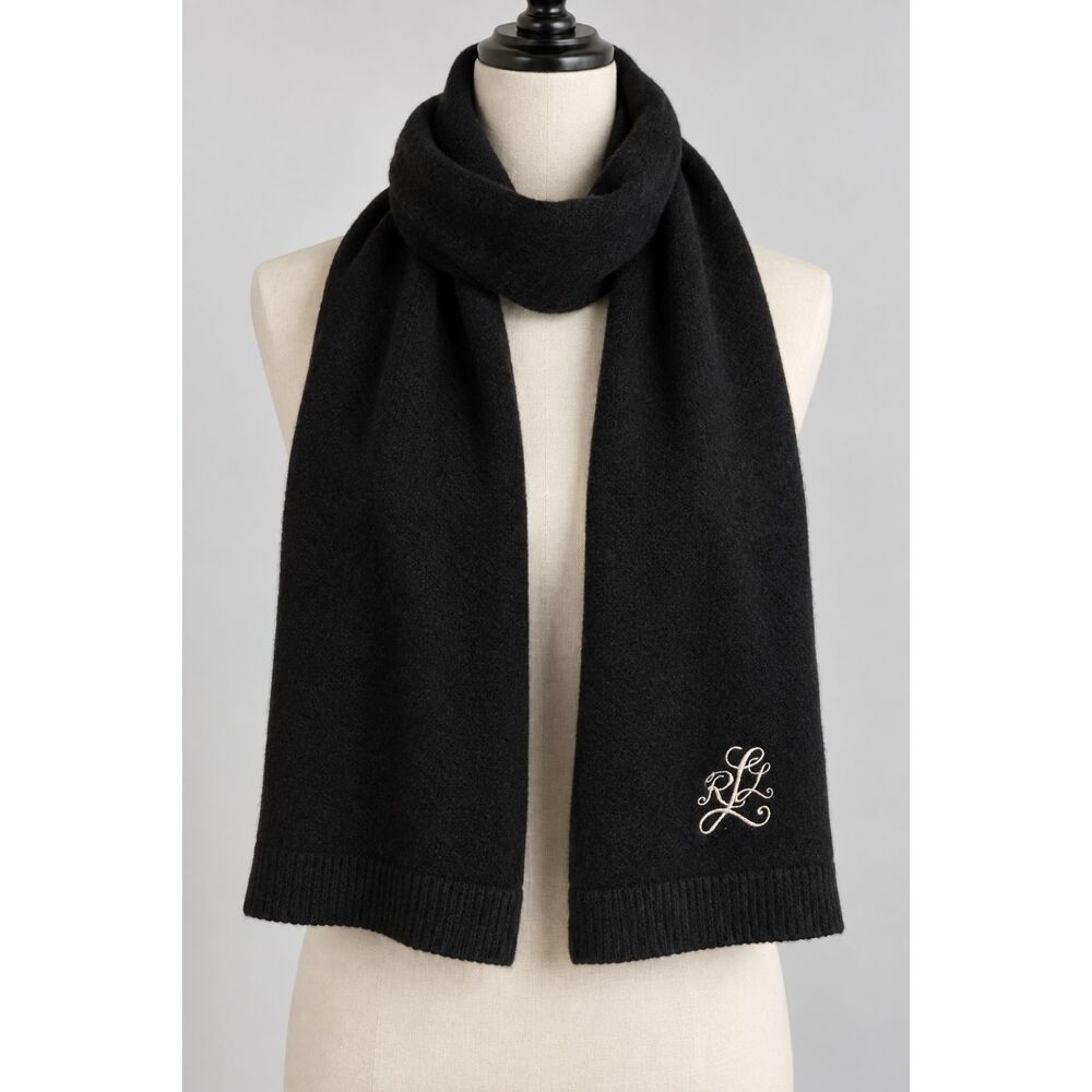 Vintage Lauren Ralph Lauren Black Wool Alpaca Blend Scarf Embroidered Logo